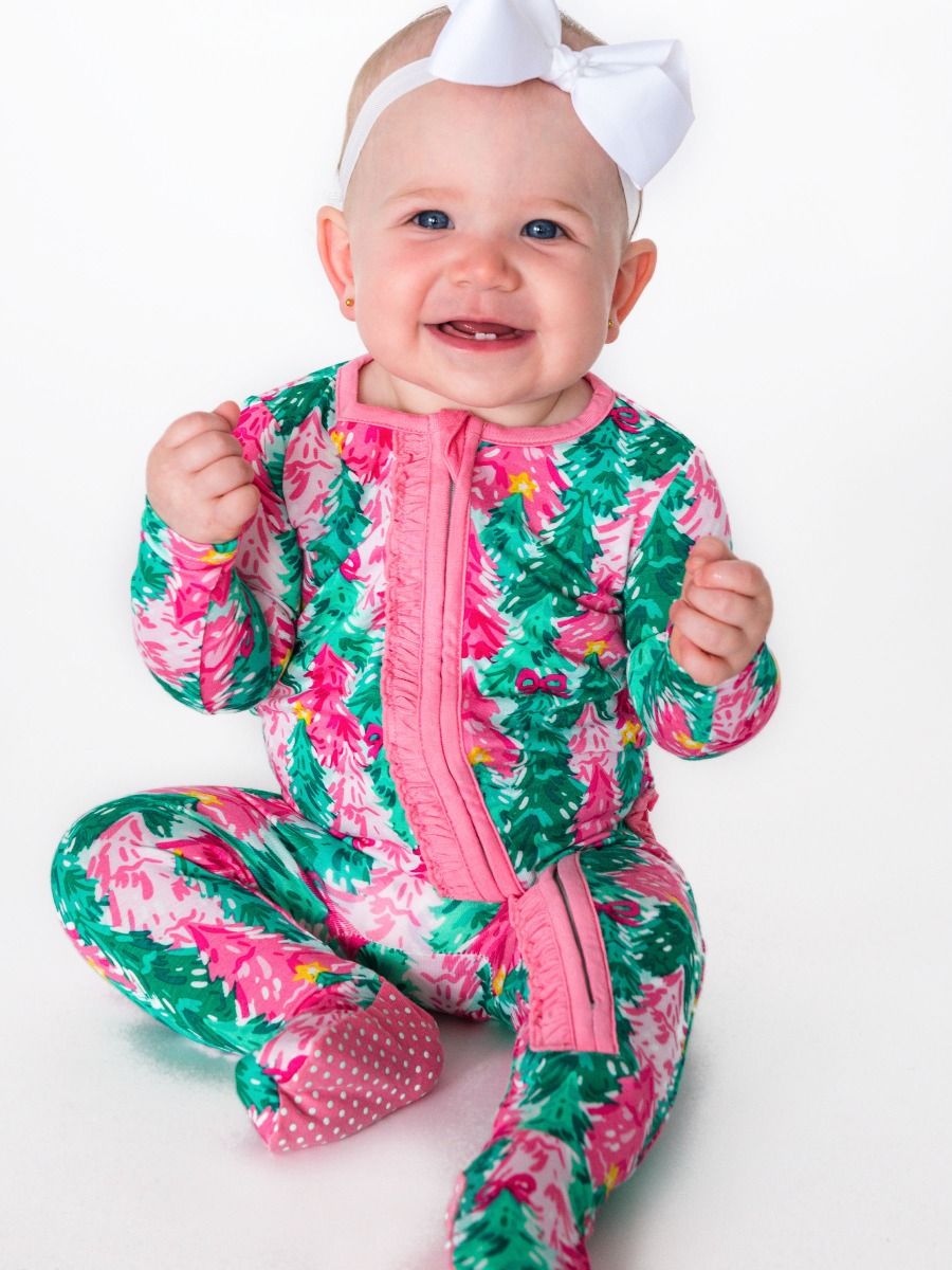 RuffleButts + RuggedButts - Ruffle One Piece Footie Pajama - Pink Jolly Grove