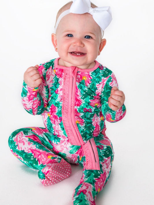 RuffleButts + RuggedButts - Ruffle One Piece Footie Pajama - Pink Jolly Grove