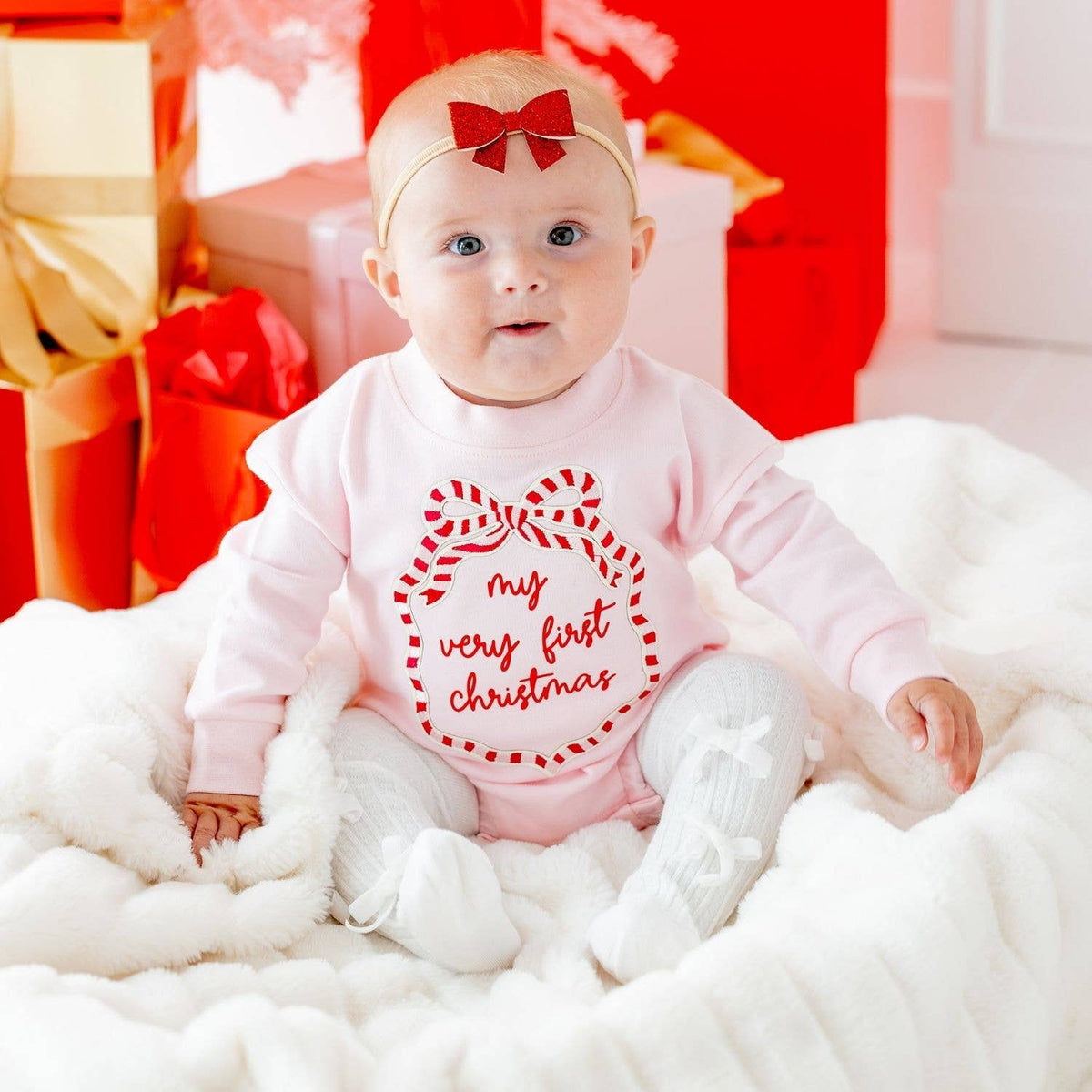 Sweet Wink - My First Christmas Sequin Bow Patch Long Sleeve Romper