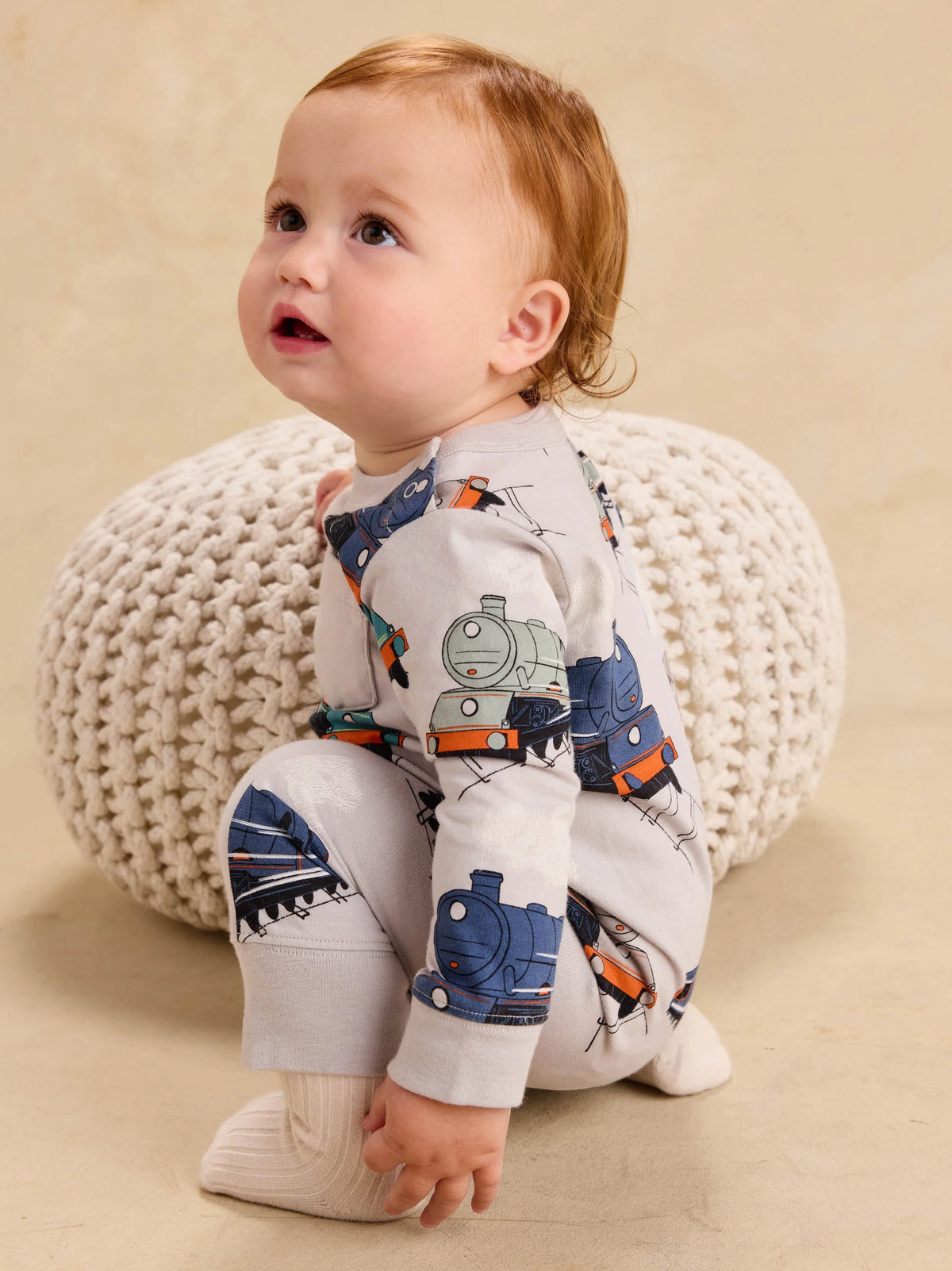 Tea Collection || Long Sleeve Pocket Baby Romper- Great Railway Journey
