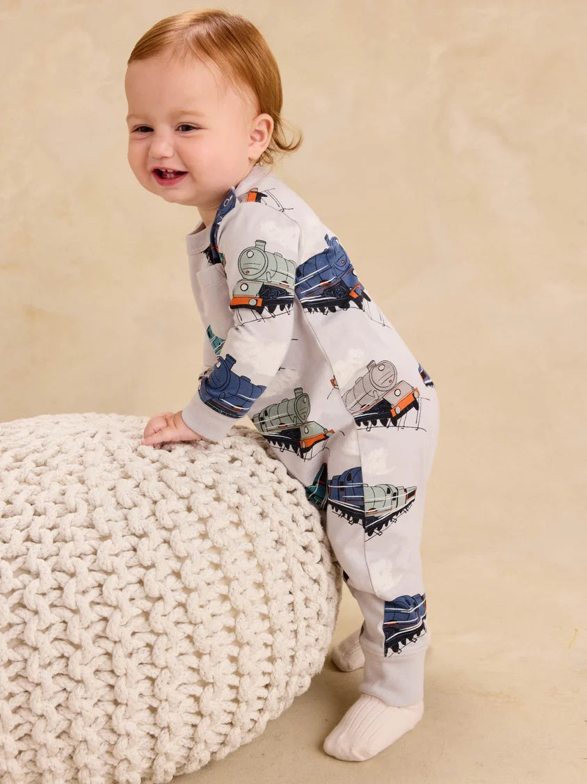 Tea Collection || Long Sleeve Pocket Baby Romper- Great Railway Journey