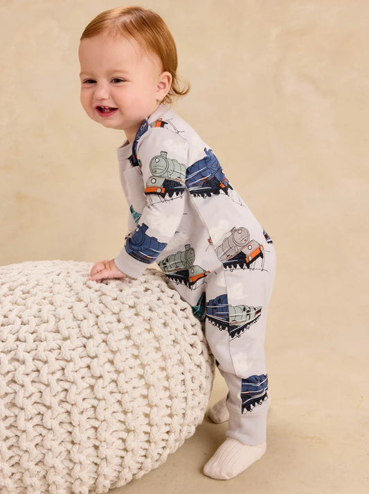 Tea Collection || Long Sleeve Pocket Baby Romper- Great Railway Journey