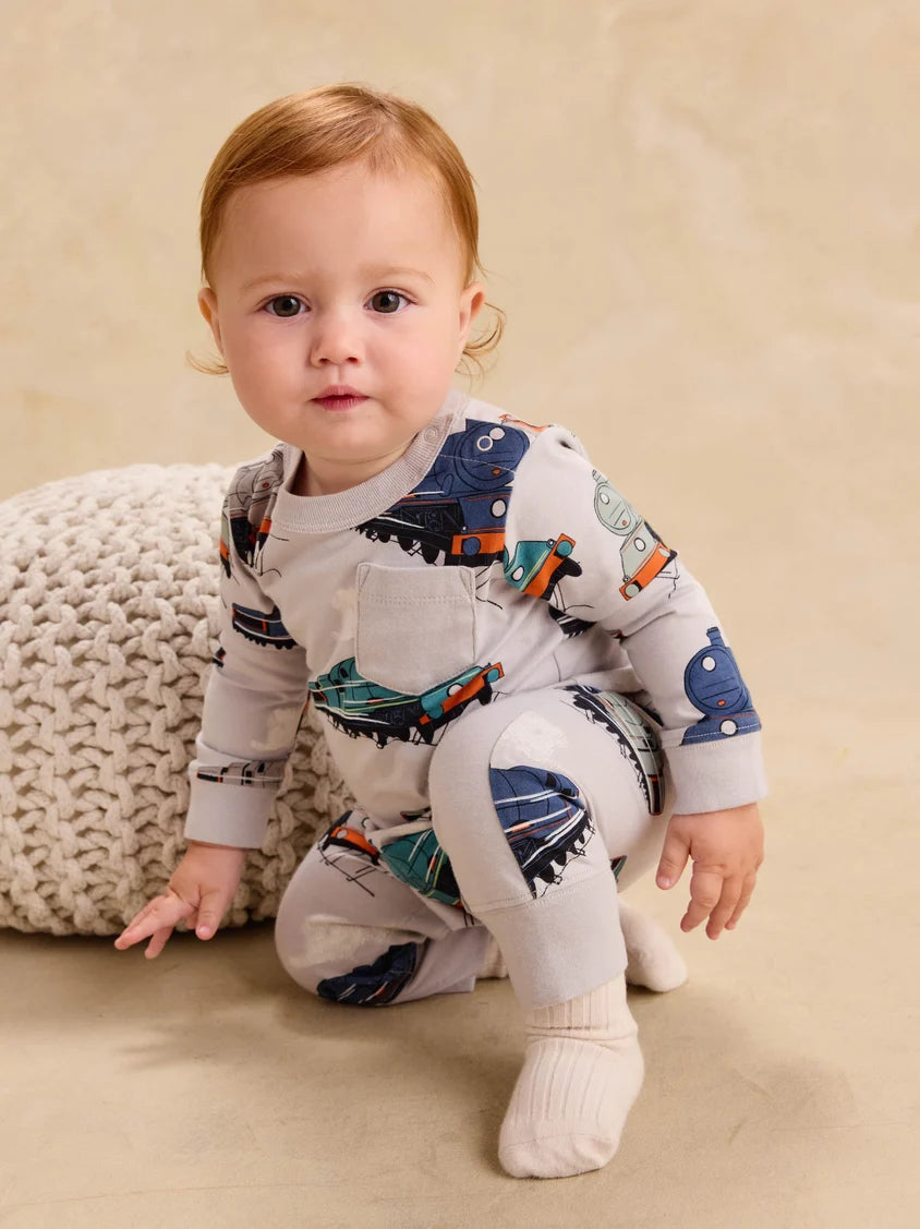 Tea Collection || Long Sleeve Pocket Baby Romper- Great Railway Journey
