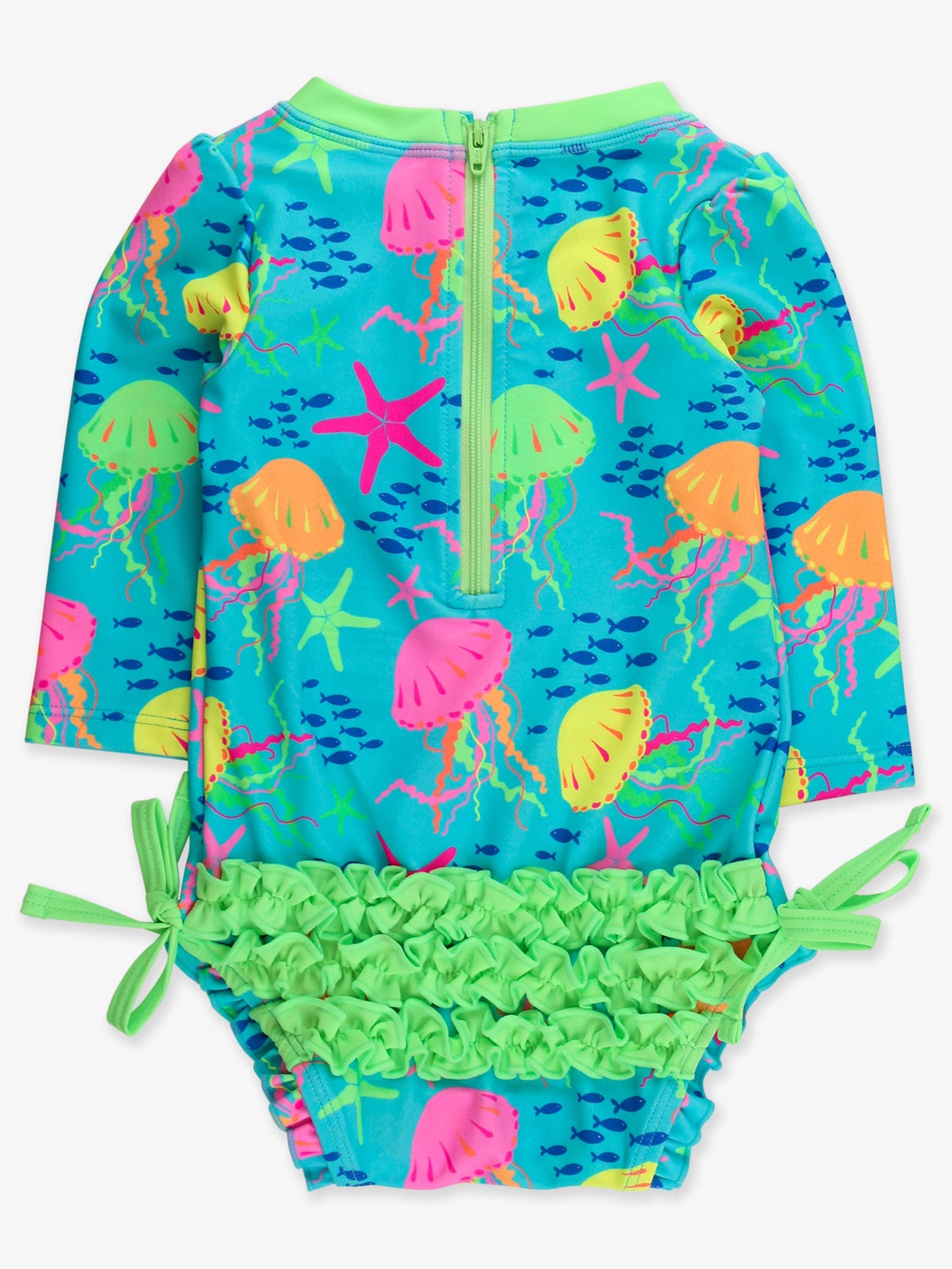 RuffleButts + RuggedButts - Baby Girls Neon Jelly Time Long Sleeve One Piece Rash Guard Swimsuit with Signature Rear Ruffles: Blue