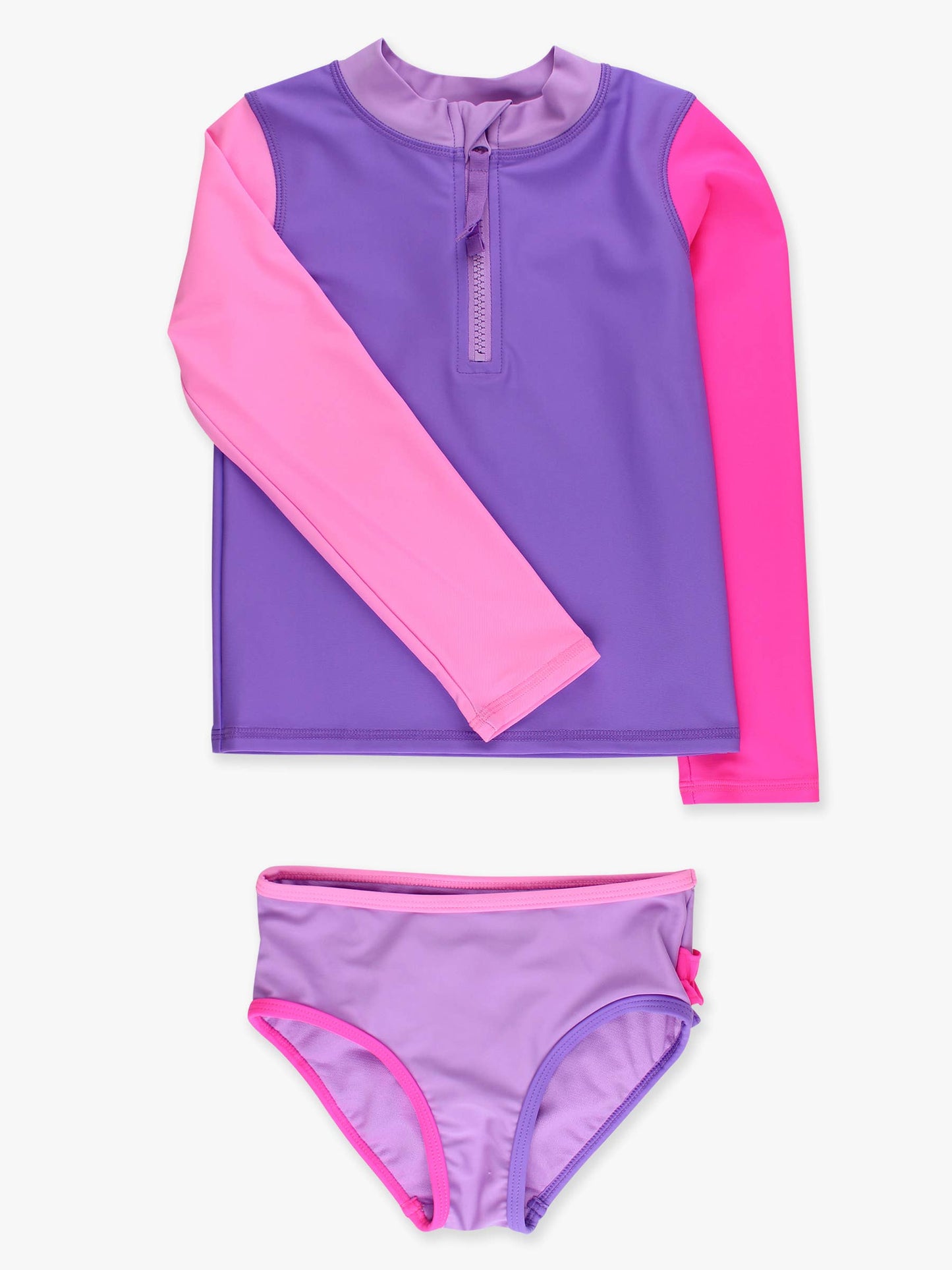 RuffleButts + RuggedButts - Girls Neon Purple Color Block Long Sleeve Zipper Rash Guard 2-Piece Swimsuit with Signature Rear Ruffles: Purple