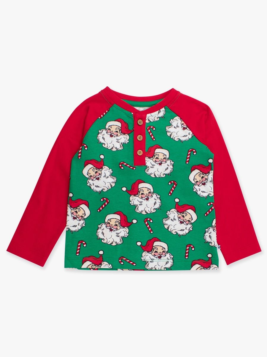 RuffleButts + RuggedButts - Long Sleeve Raglan Henley Tee - Green Santa Joy