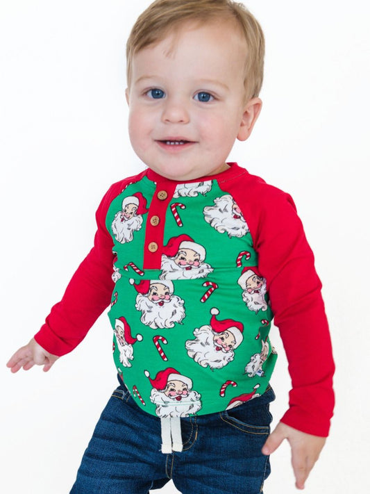 RuffleButts + RuggedButts - Long Sleeve Raglan Henley Tee - Green Santa Joy
