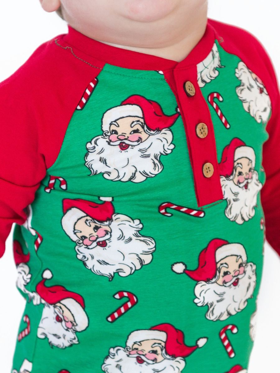 RuffleButts + RuggedButts - Long Sleeve Raglan Henley Tee - Green Santa Joy