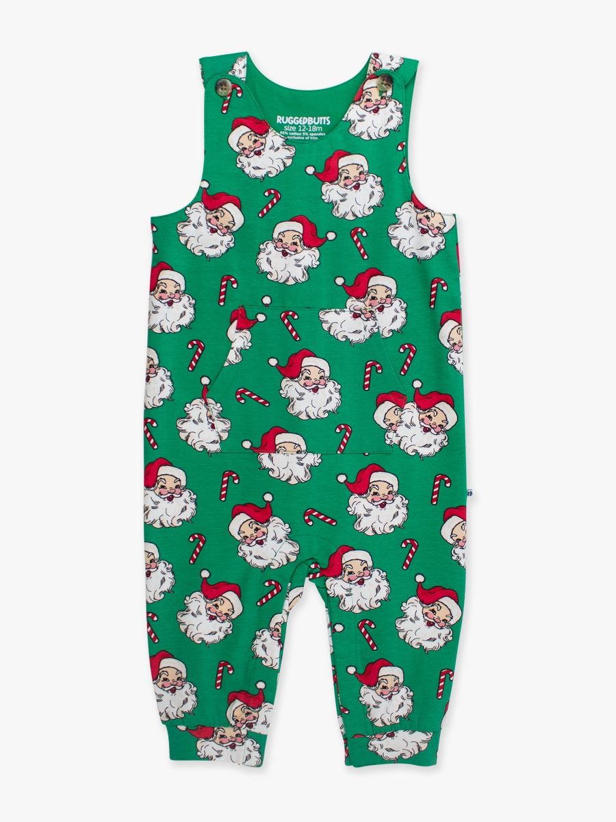 RuffleButts + RuggedButts - Knit Longall Pocket Romper - Green Santa Joy