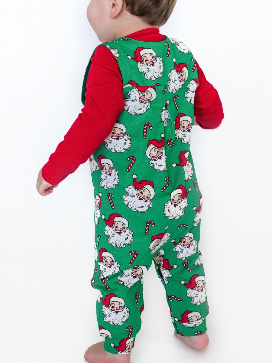 RuffleButts + RuggedButts - Knit Longall Pocket Romper - Green Santa Joy