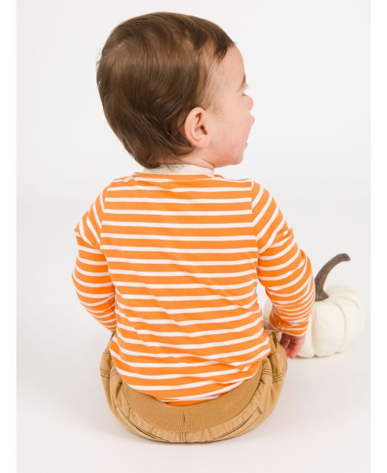 RuffleButts + RuggedButts - Pumpkin Orange Stripe Knit Long Sleeve Embroidered Henley Bodysuit