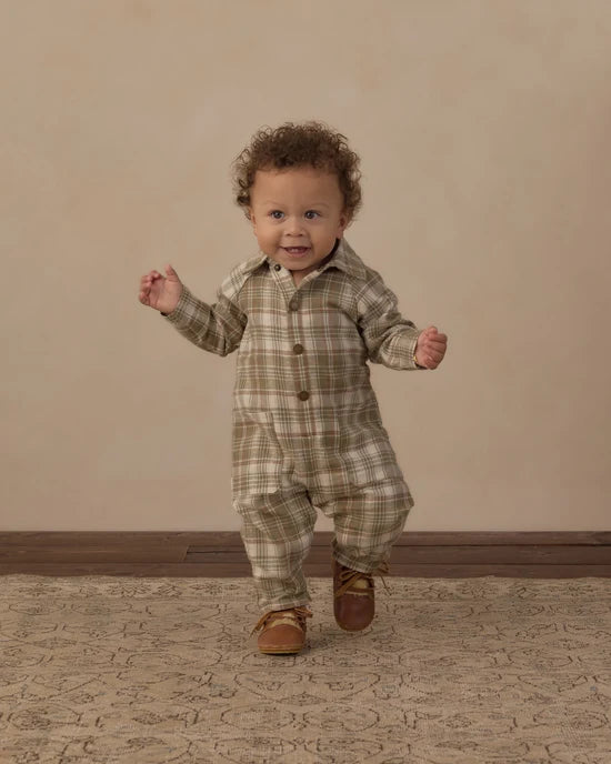 Rylee + Cru - Collared Baby Jumpsuit || Olive Dobby Plaid