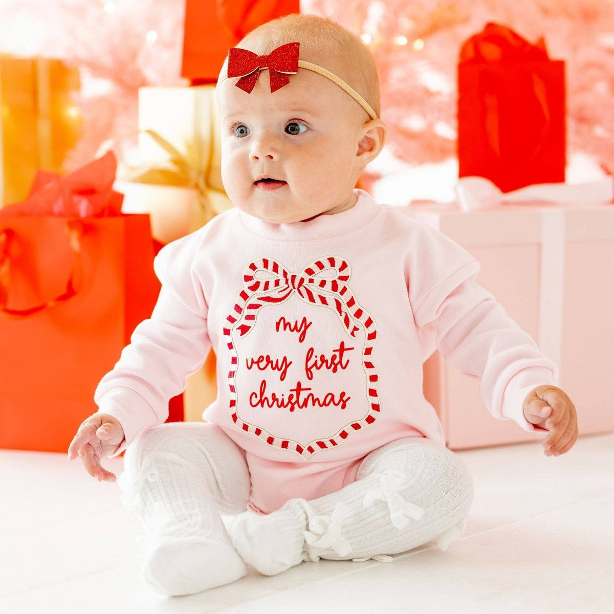 Sweet Wink - My First Christmas Sequin Bow Patch Long Sleeve Romper