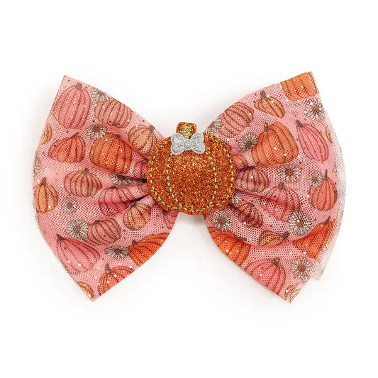 Sweet Wink - Pumpkin Daisy Blush Tulle Bow Clip - Fall