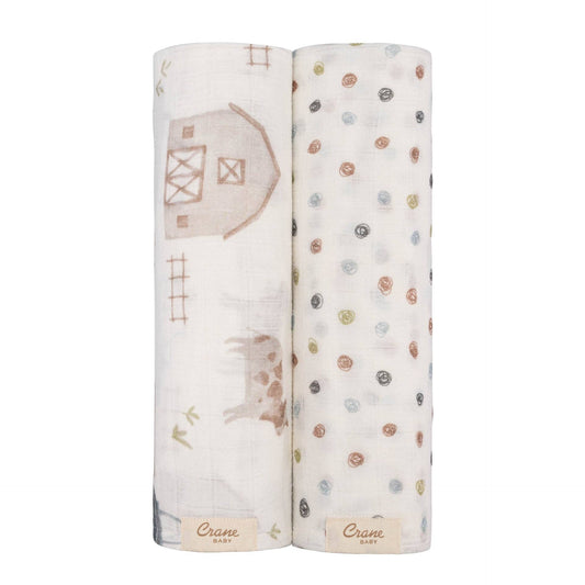 Crane Baby - Charlie 2-pc. Farmhouse Tractor/Dot Swaddle Set
