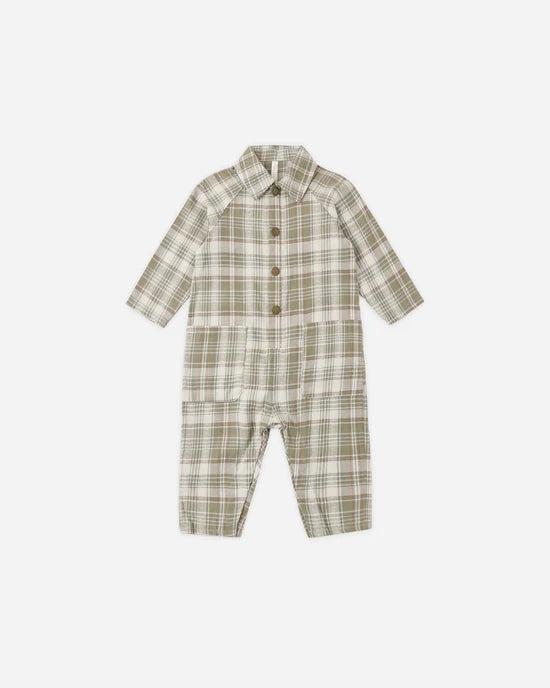 Rylee + Cru - Collared Baby Jumpsuit || Olive Dobby Plaid