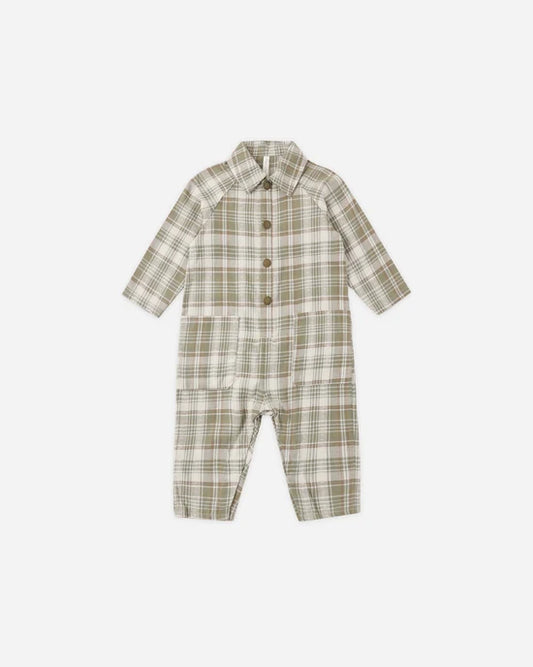 Rylee + Cru - Collared Baby Jumpsuit || Olive Dobby Plaid
