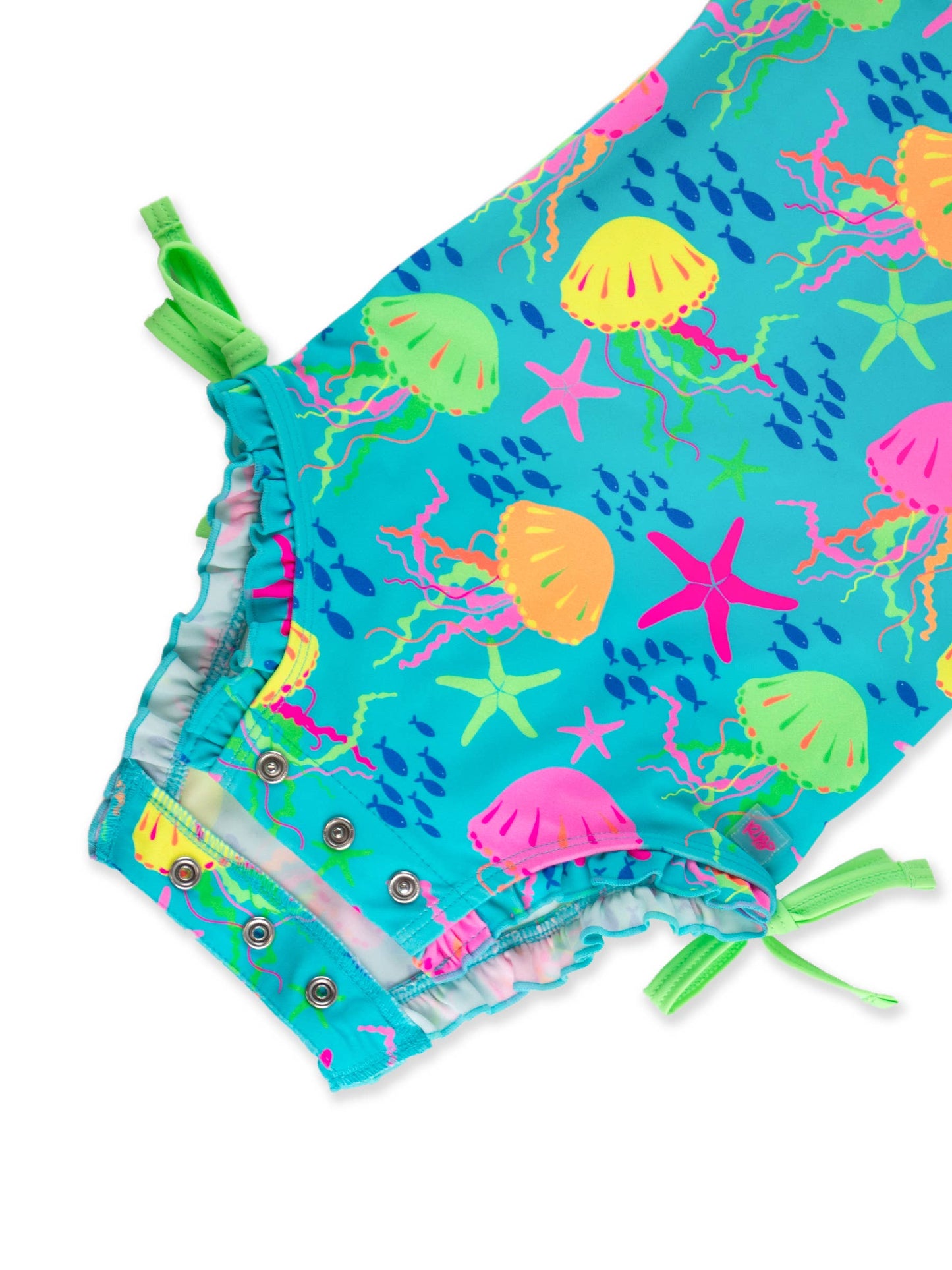 RuffleButts + RuggedButts - Baby Girls Neon Jelly Time Long Sleeve One Piece Rash Guard Swimsuit with Signature Rear Ruffles: Blue