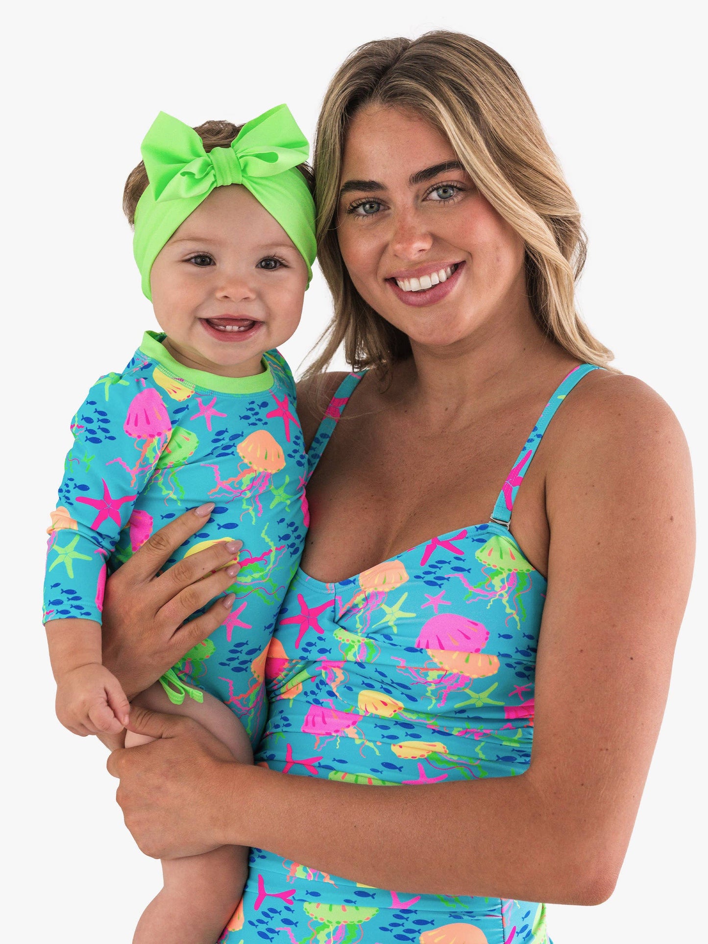 RuffleButts + RuggedButts - Baby Girls Neon Jelly Time Long Sleeve One Piece Rash Guard Swimsuit with Signature Rear Ruffles: Blue