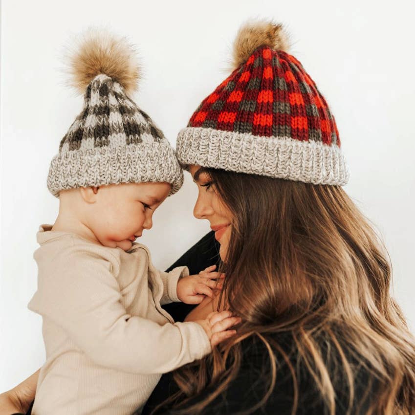 Huggalugs - Grey Buffalo Check Pom Pom Beanie Hat