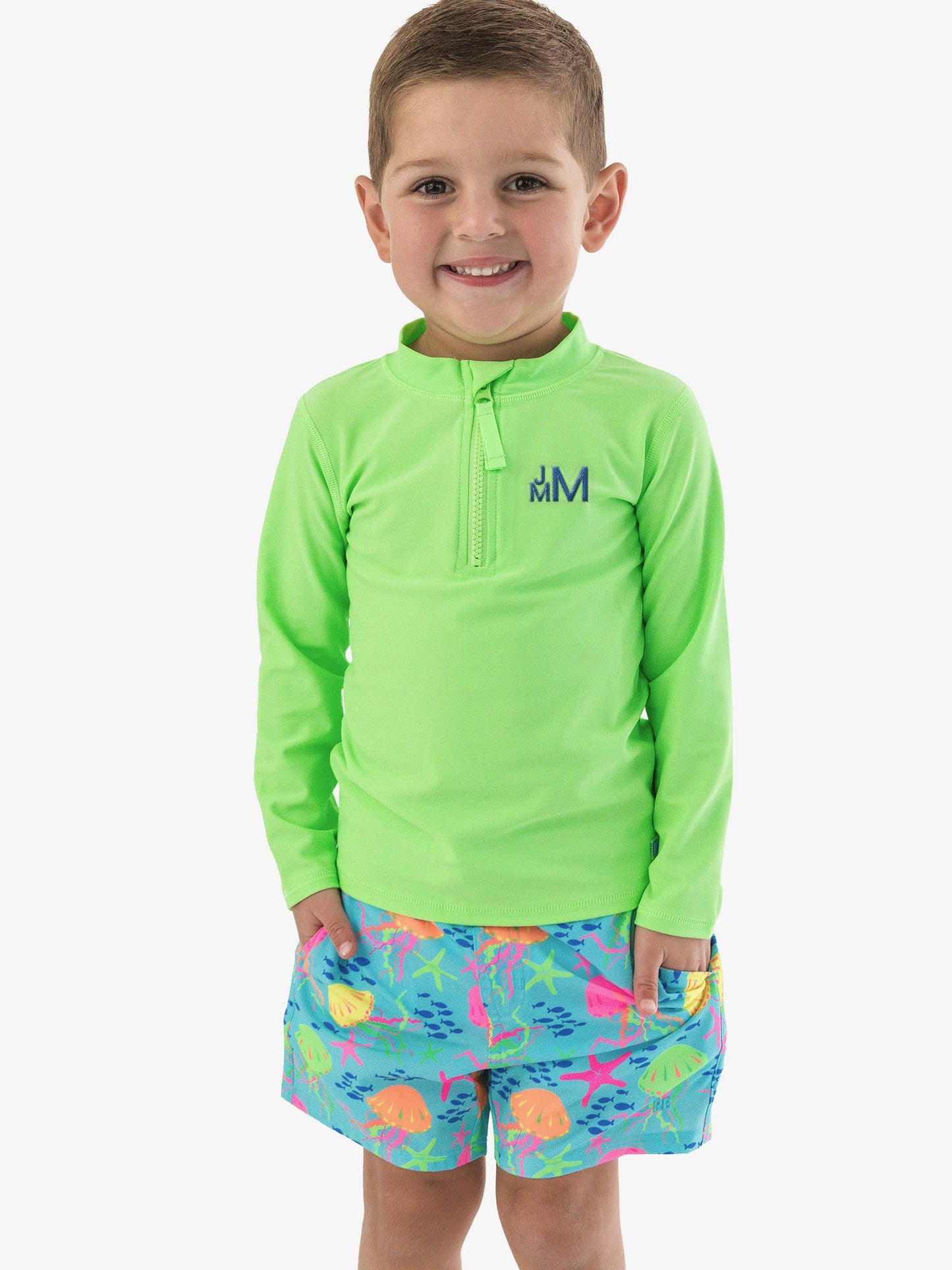 RuffleButts + RuggedButts - Boys Neon Jelly Time Performance Hybrid Swim Trunks: Blue