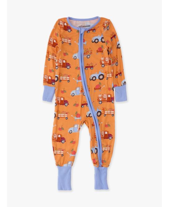 RuffleButts + RuggedButts - SoftSnooze™ Baby Bamboo Viscose Harvest Haul Convertible One Piece Footie Pajama: Orange