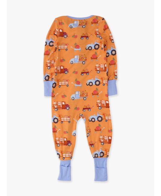 RuffleButts + RuggedButts - SoftSnooze™ Baby Bamboo Viscose Harvest Haul Convertible One Piece Footie Pajama: Orange
