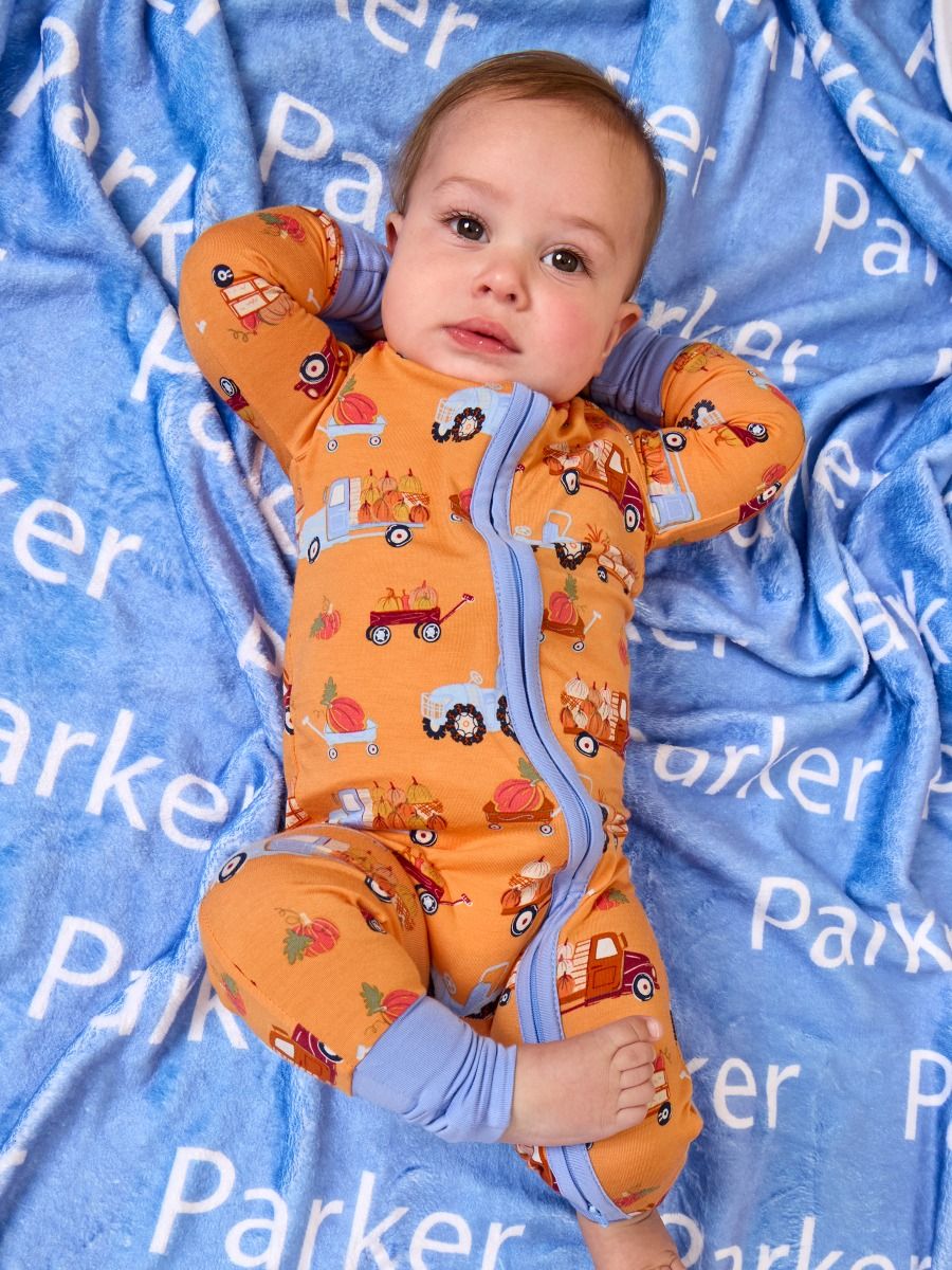 RuffleButts + RuggedButts - SoftSnooze™ Baby Bamboo Viscose Harvest Haul Convertible One Piece Footie Pajama: Orange