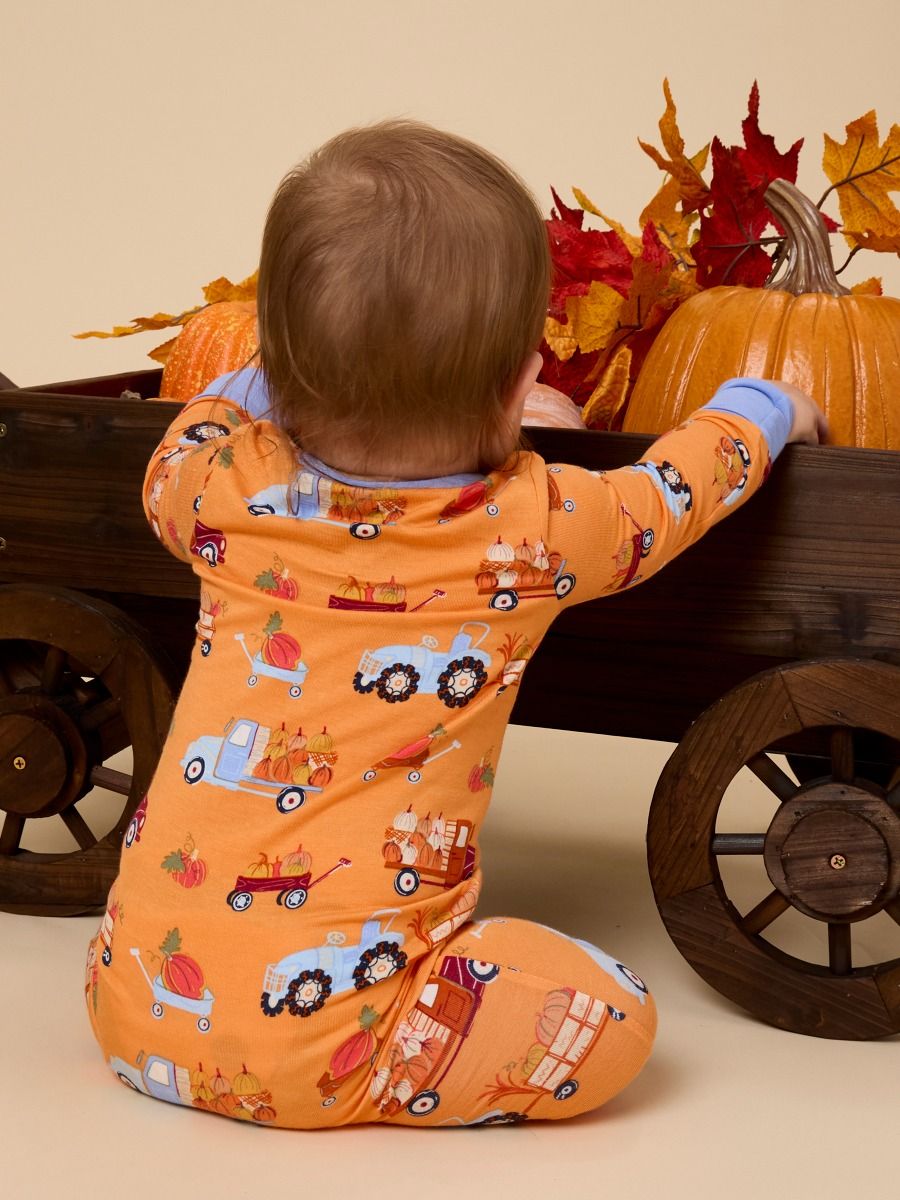 RuffleButts + RuggedButts - SoftSnooze™ Baby Bamboo Viscose Harvest Haul Convertible One Piece Footie Pajama: Orange