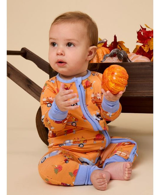 RuffleButts + RuggedButts - SoftSnooze™ Baby Bamboo Viscose Harvest Haul Convertible One Piece Footie Pajama: Orange