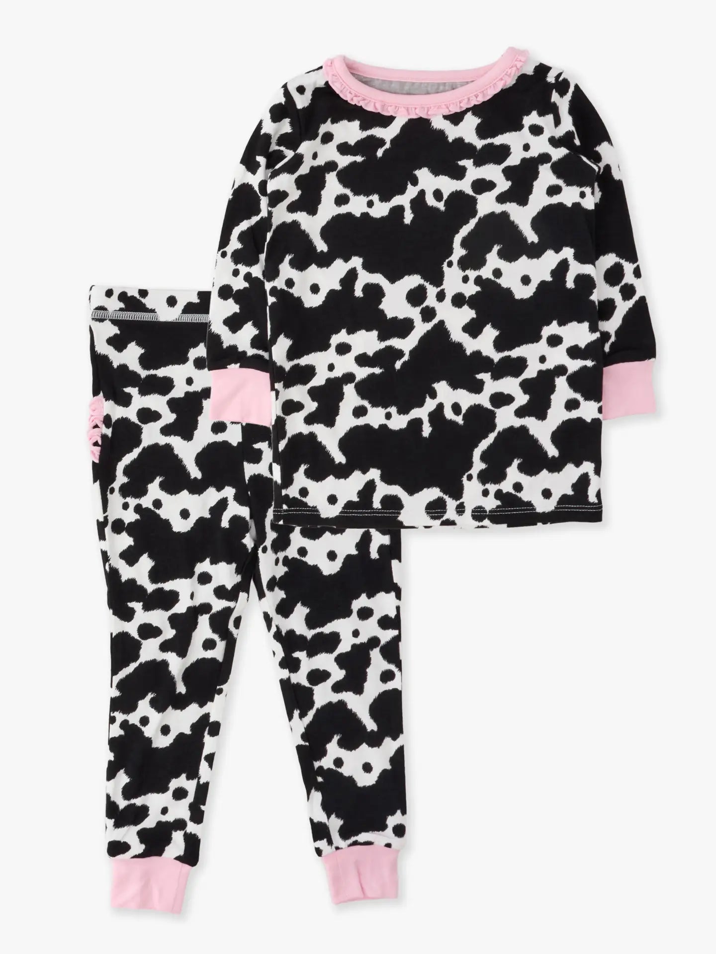 RuffleButts + RuggedButts - SoftSnooze™ Toddler Girls Bamboo Viscose Moo Crew Ruffle Long Sleeve Pajama Set with Signature Rear Ruffles
