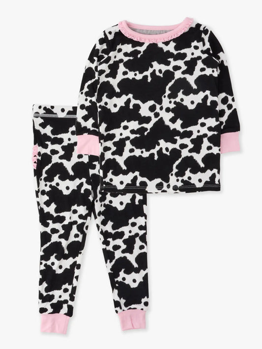 RuffleButts + RuggedButts - SoftSnooze™ Toddler Girls Bamboo Viscose Moo Crew Ruffle Long Sleeve Pajama Set with Signature Rear Ruffles