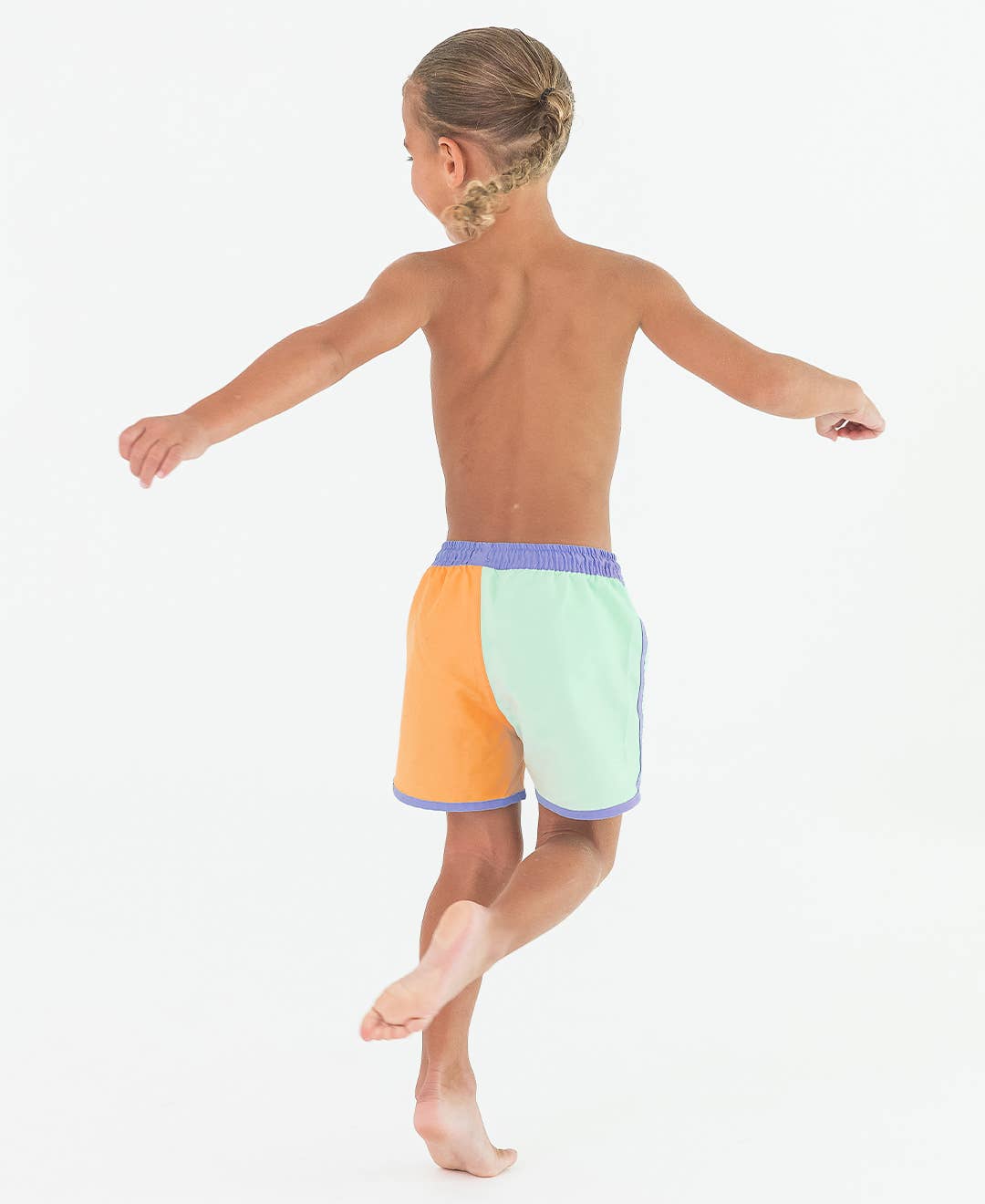 RuffleButts + RuggedButts - Boys Periwinkle, Frost Green, and Ginger Color Block Dolphin Hem Swim Trunks: Multi-Color
