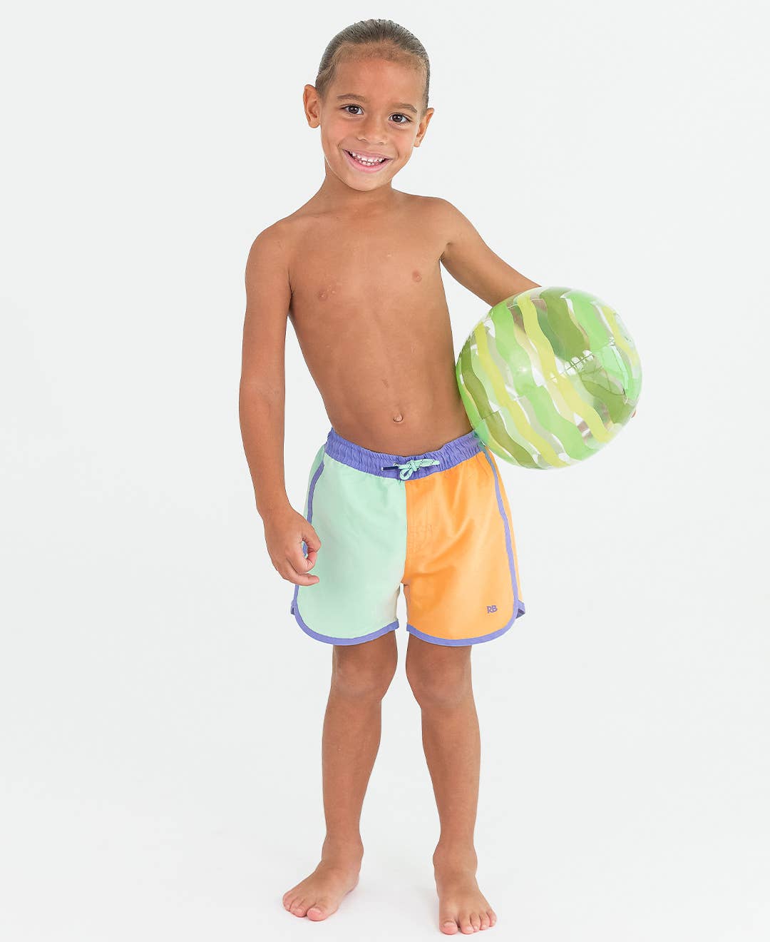 RuffleButts + RuggedButts - Boys Periwinkle, Frost Green, and Ginger Color Block Dolphin Hem Swim Trunks: Multi-Color