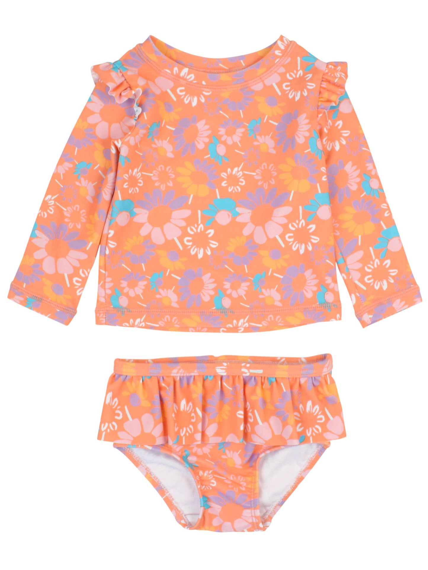 RuffleButts + RuggedButts - Girls Coral Floral Flutter Long Sleeve Rash Guard Skirted 2-Piece Swimsuit: Orange