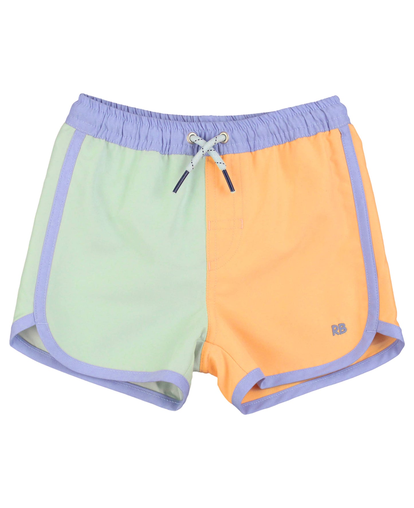 RuffleButts + RuggedButts - Boys Periwinkle, Frost Green, and Ginger Color Block Dolphin Hem Swim Trunks: Multi-Color