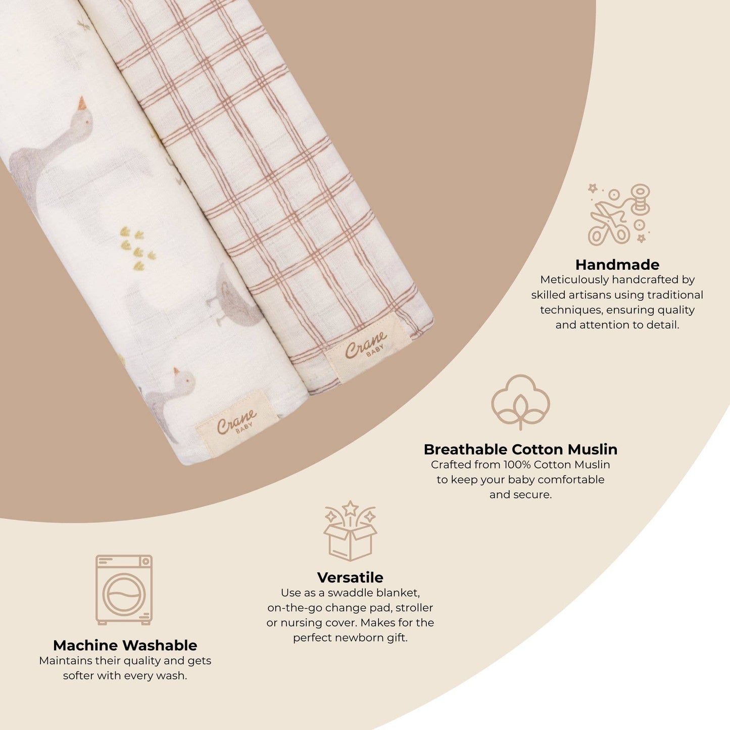 Crane Baby - Charlie 2-pc. Farmhouse Goose/Check Swaddle Set