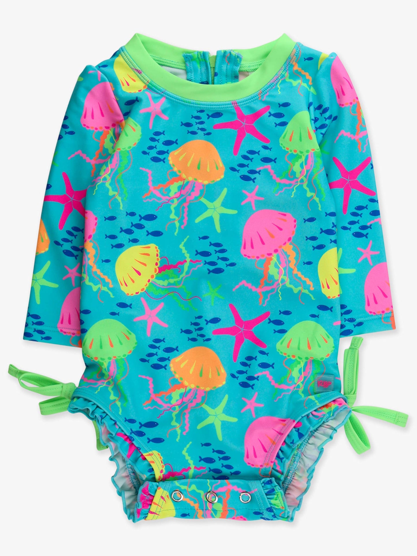 RuffleButts + RuggedButts - Baby Girls Neon Jelly Time Long Sleeve One Piece Rash Guard Swimsuit with Signature Rear Ruffles: Blue