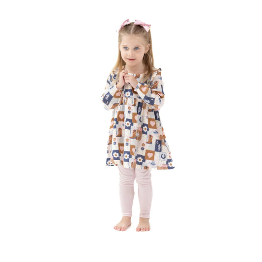 Angel Dear - Patchwork Cowgirl - Ruffle L/S Dress & Rib Legging