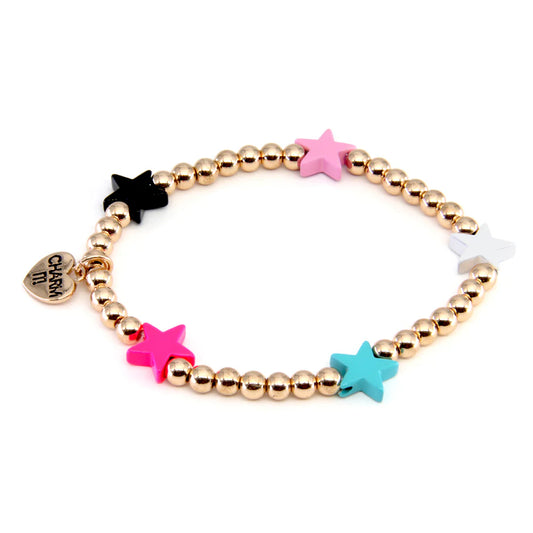 High IntenCity - Charm It! Gold Bead Multi Star Stretch Bracelet
