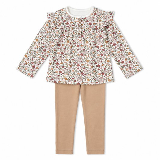 Makemake Organics - Organic Ruffle Sleeve Top & Legging Set - Woodland Sprig & Taupe