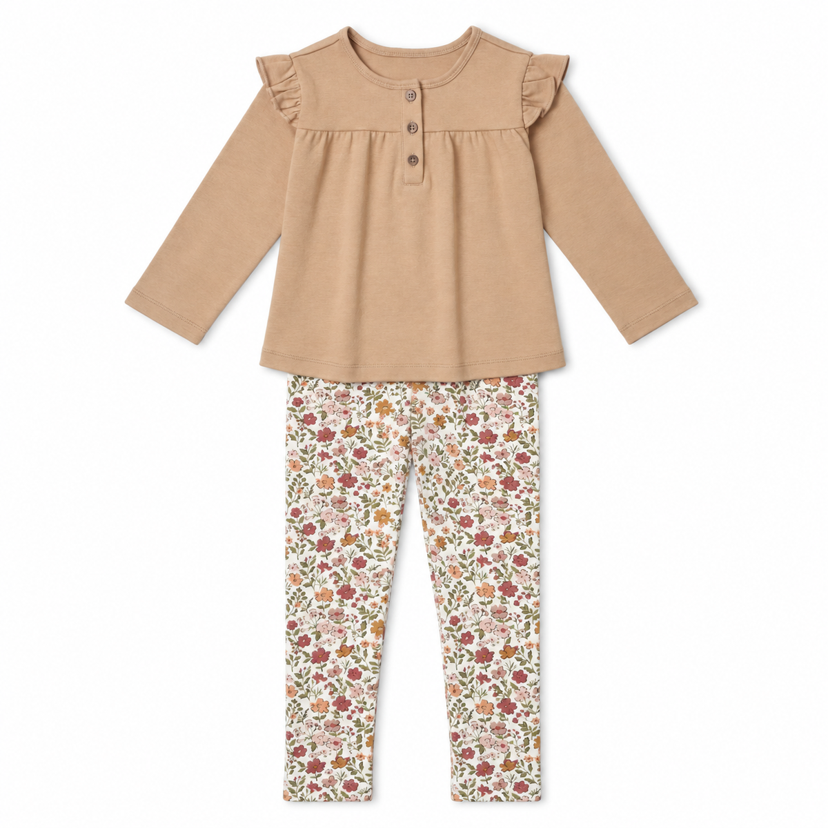 Makemake Organics - Organic Ruffle Sleeve Top & Legging Set - Taupe & Woodland Sprig