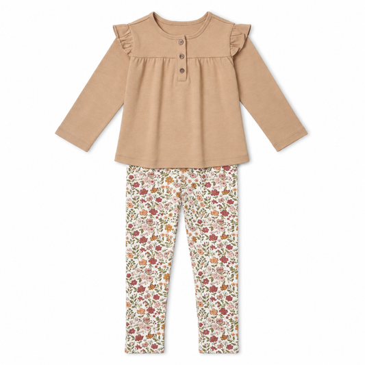 Makemake Organics - Organic Ruffle Sleeve Top & Legging Set - Taupe & Woodland Sprig