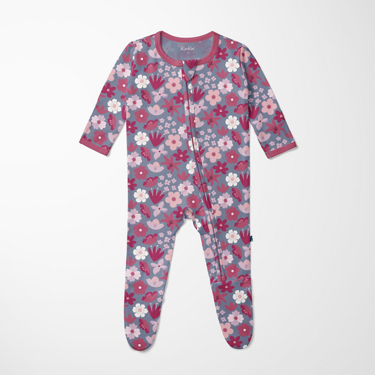 KicKee Pants - Moonlight Picture Day Floral Footie with 2 Way Zipper