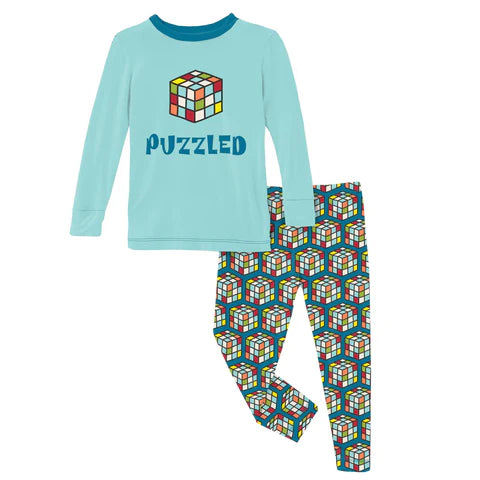 Kickee Pants - Cerulean Blue Puzzle Cube Long Sleeve Pajama Set