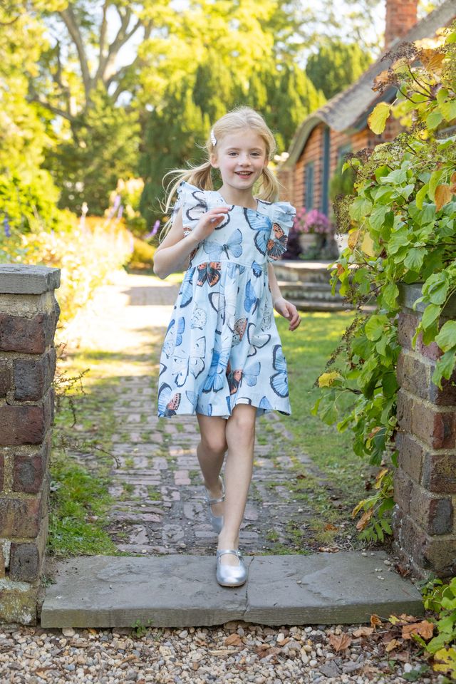 Pink Chicken - Girls Elsie Dress - Blue Vintage Butterflies