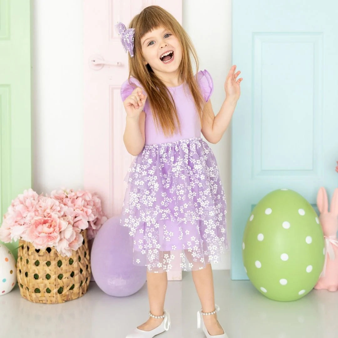 Sweet Wink - Lavender Ditsy Daisy Tiered Short Sleeve Tutu Dress