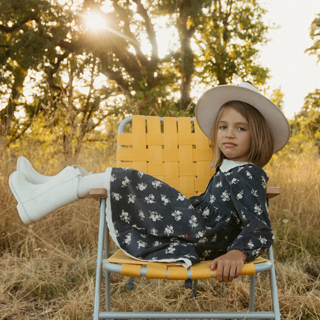 Makemake Organics - Organic Corduroy Collared Button Dress - Navy Bloom