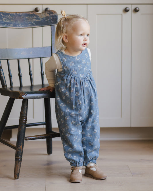 Quincy Mae - Maisie Overall & Waffle Long Sleeve Bodysuit || Blue Floral