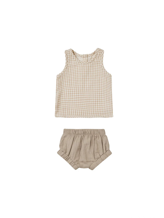 Quincy Mae - Woven Tank & Shorts Set in Oat Gingham